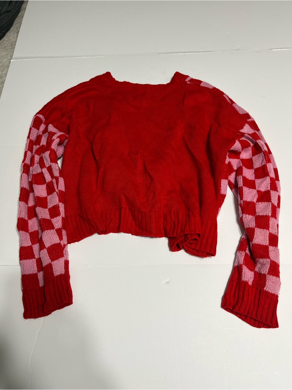 Peanuts Red Cropped Sweater with Pink Checkerboard Sleeves